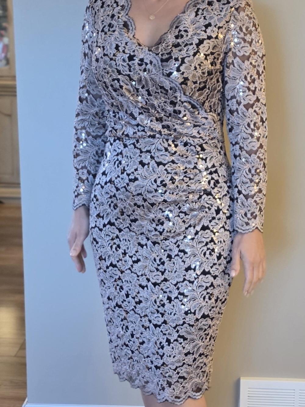 Lace Sequin Sheath Dress in Light Gray